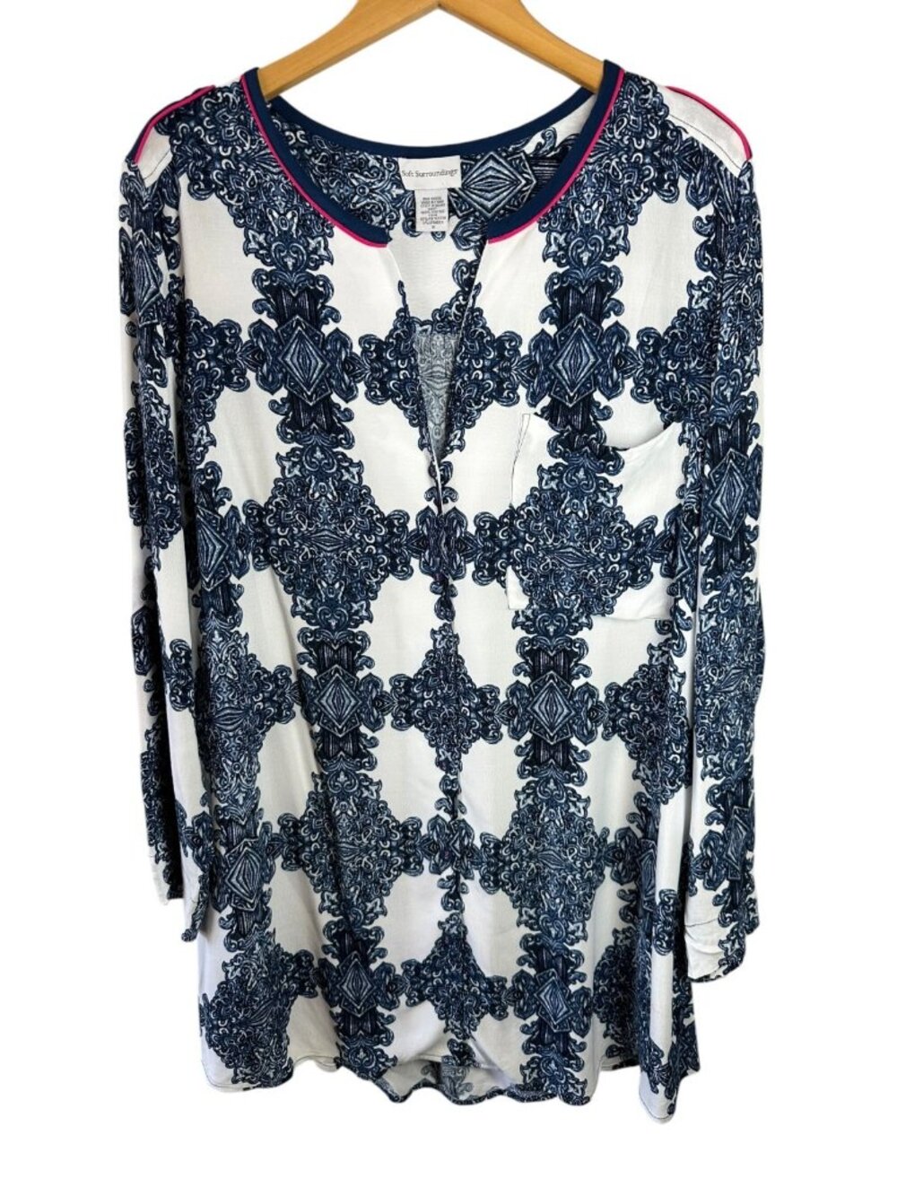 Soft Surroundings 1X White Navy Scroll Print Tunic Top Pink Trim Roll Tab Sleeve - Picture 3 of 6